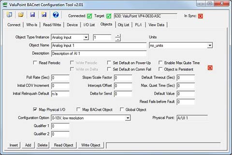 Screen shot of configuration tool for VP4-2330 Programmable I/O for BACnet MS/TP