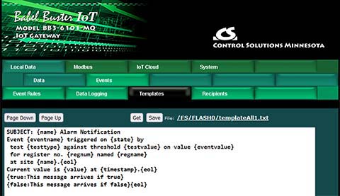 Email message template screen shot from BB3-6101-MQ Modbus IoT Gateway