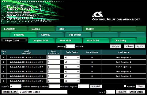 Screen shot from BB3-6101-V3 Modbus to SNMP Gateway