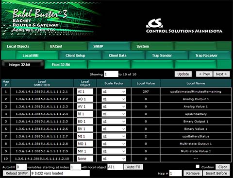 Screen shot from BB3-7302-V2C BACnet Router plus SNMP Gateway