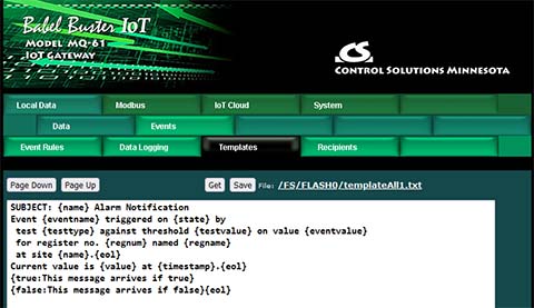 Email message template screen shot from MQ-61 Modbus IoT Gateway