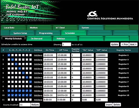 Scheduler screen shot from MQ-61 Modbus IoT Gateway