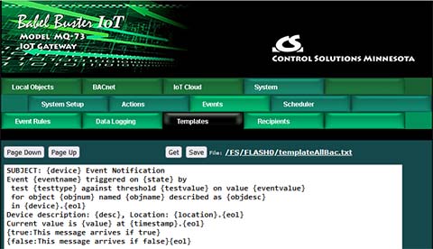 Email message template screen shot from MQ-73 BACnet IoT Gateway