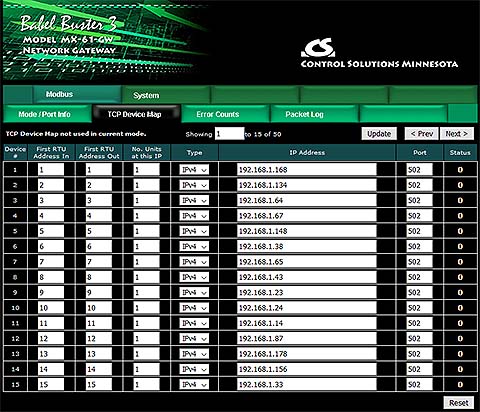 Screen shot from MX-61-GW Modbus TCP to RTU Gateway