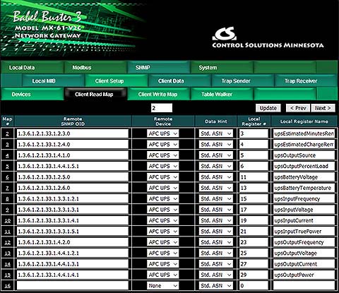 Screen shot from MX-61-V2C SNMP to Modbus Gateway