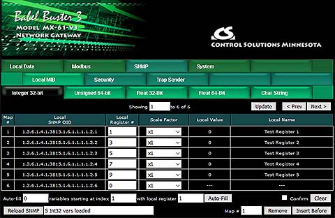 Screen shot from MX-61-V3 Modbus to SNMP Gateway