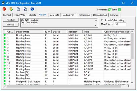 Screen shot of configuration tool for VP4-0610 Programmable I/O for Modbus RTU