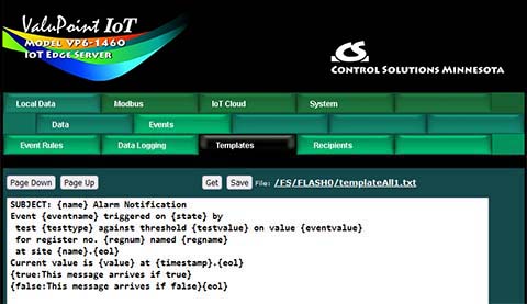 Email message template screen shot from BB3-6101-MQ Modbus IoT Gateway