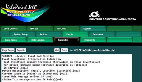 Email message template screen shot from BB3-7301-MQ BACnet IoT Gateway