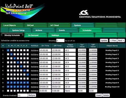 Scheduler screen shot from BB3-7301-MQ BACnet IoT Gateway